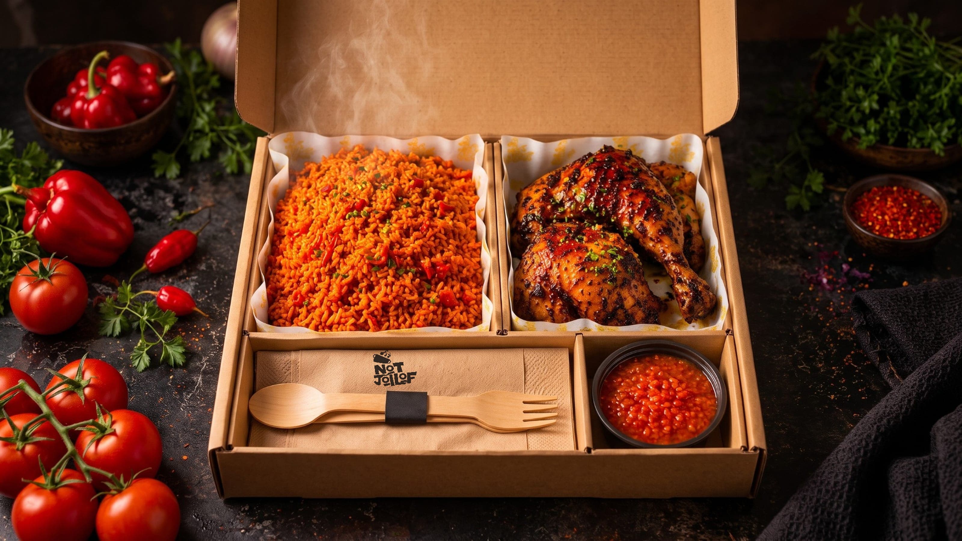 An open Not Jollof box with Nigerian jollof rice, grilled chicken and chilli stew sauce